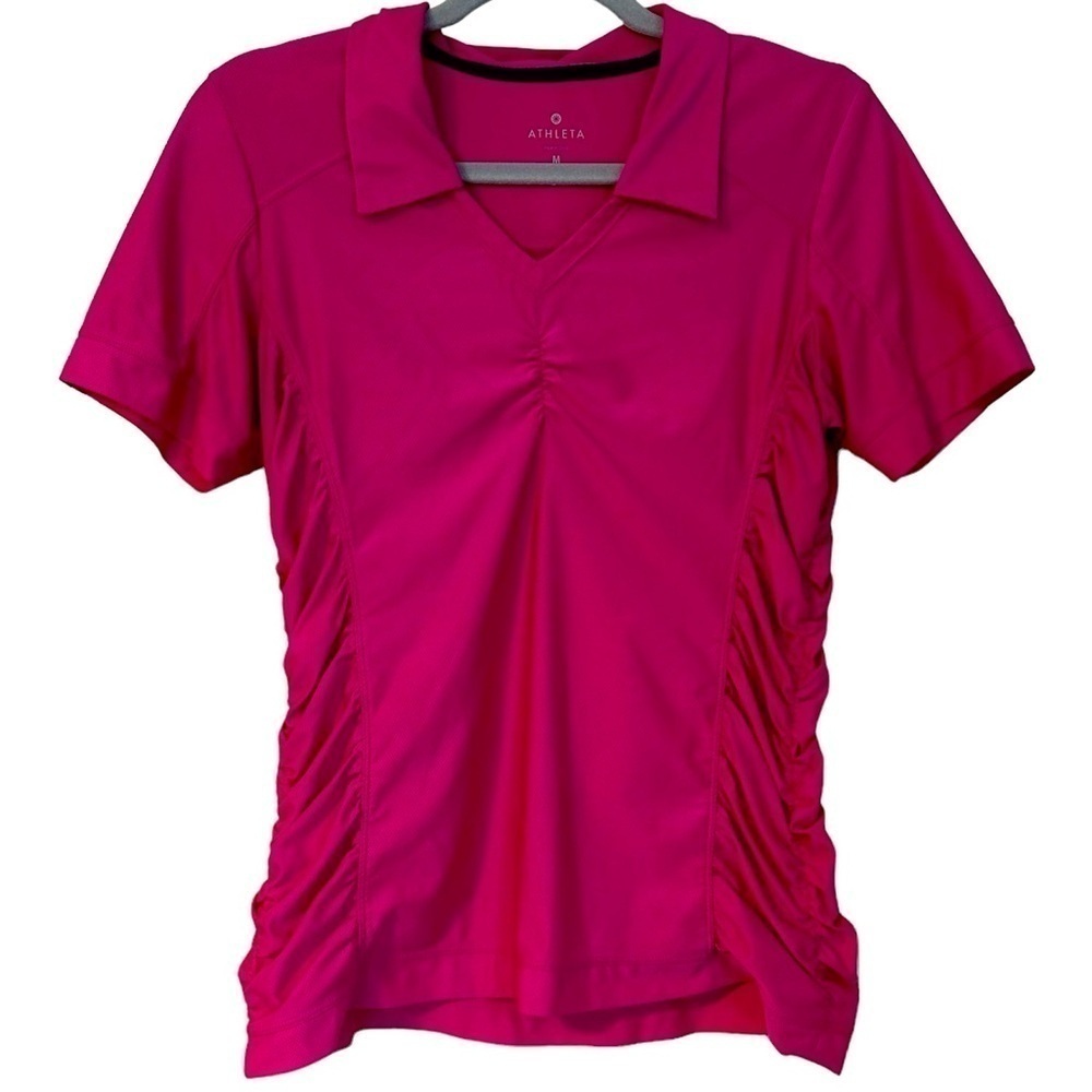 Athleta Top Birdie Rouched Collar Short Sleeves V-neck Pink Tennis Golf Size M
